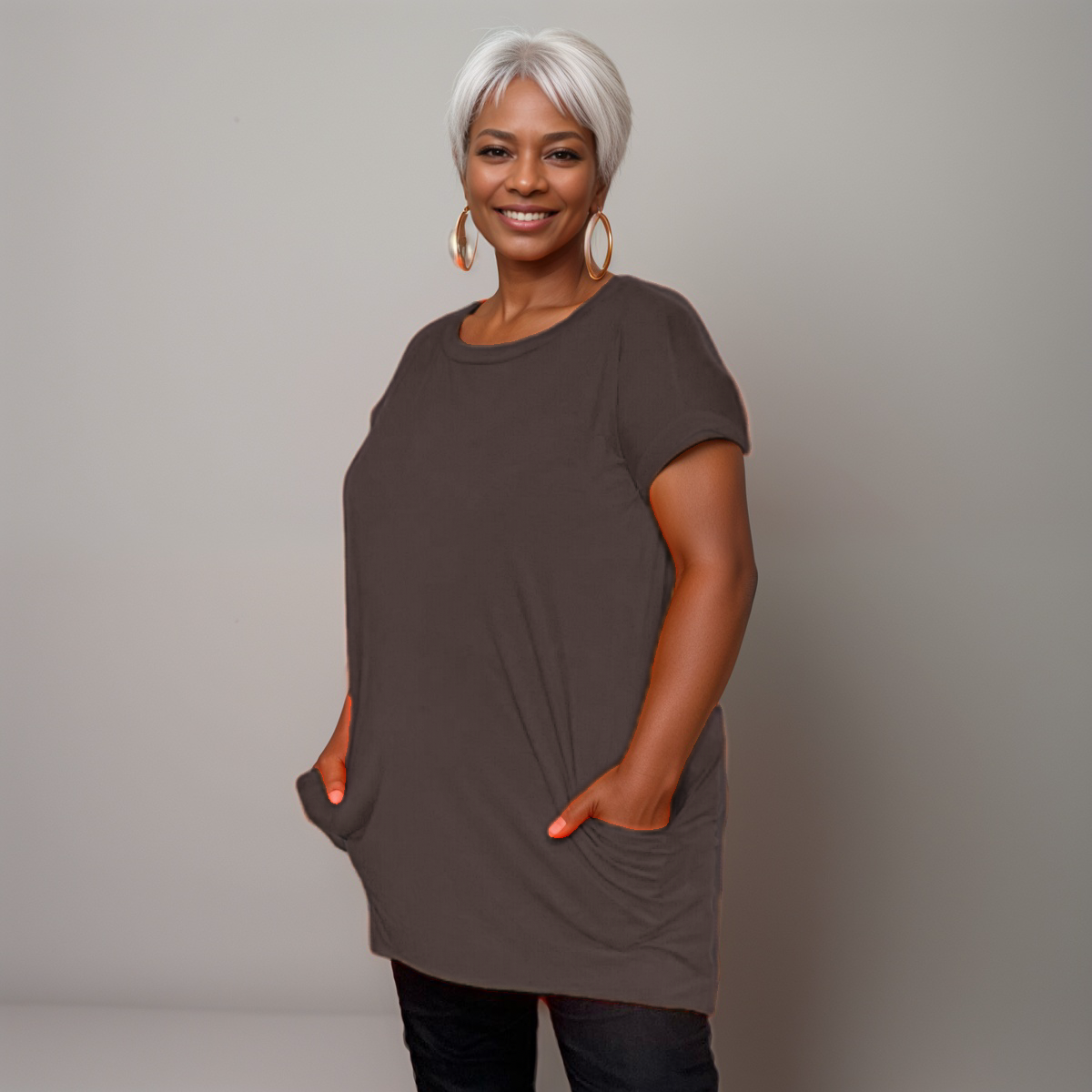 Long Dipped-Hem T-Shirt with Side Pockets - Various Colour Options