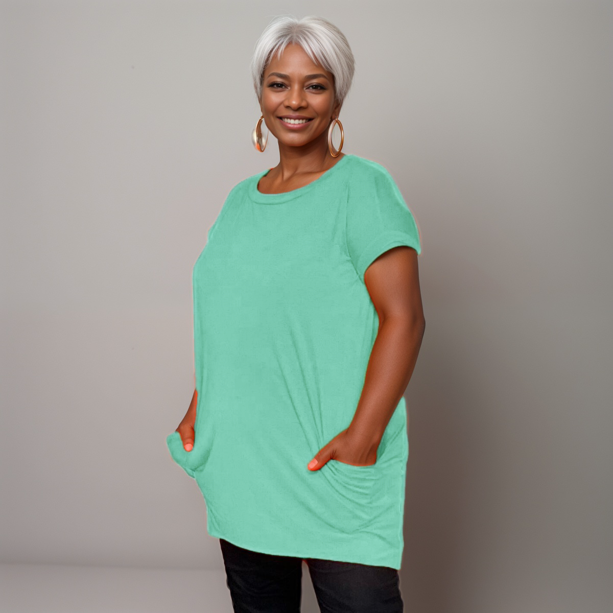 Long Dipped-Hem T-Shirt with Side Pockets - Various Colour Options