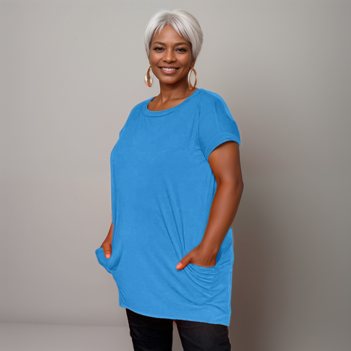 Long Dipped-Hem T-Shirt with Side Pockets - Various Colour Options
