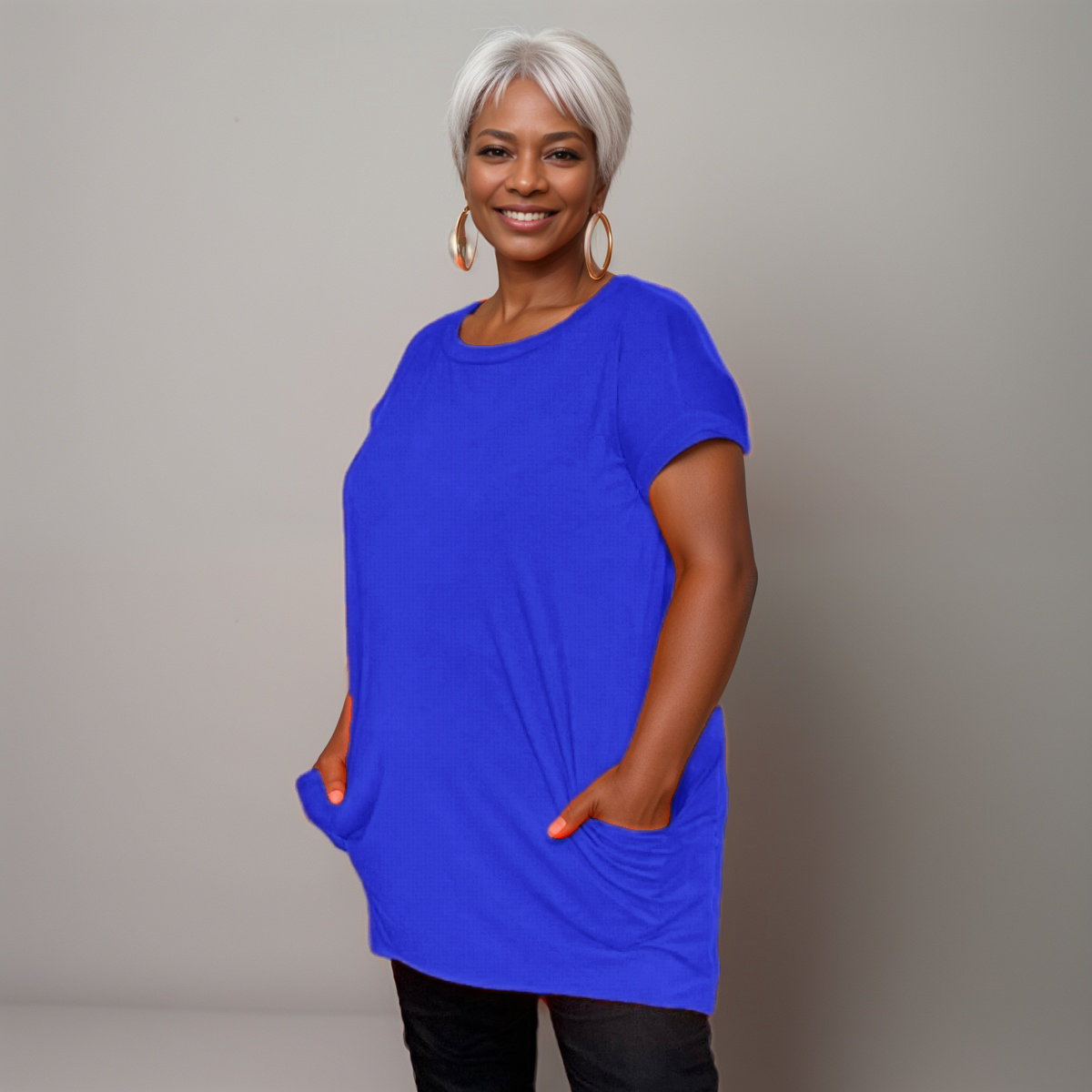 Long Dipped-Hem T-Shirt with Side Pockets - Various Colour Options