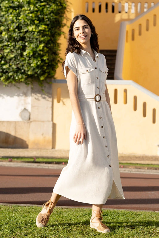 Stone Viscose Linen Look Midi Shirt Dress With Wooden Belt