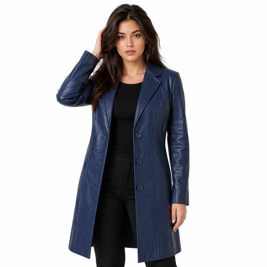 Genuine Leather Navy  Trench Coat