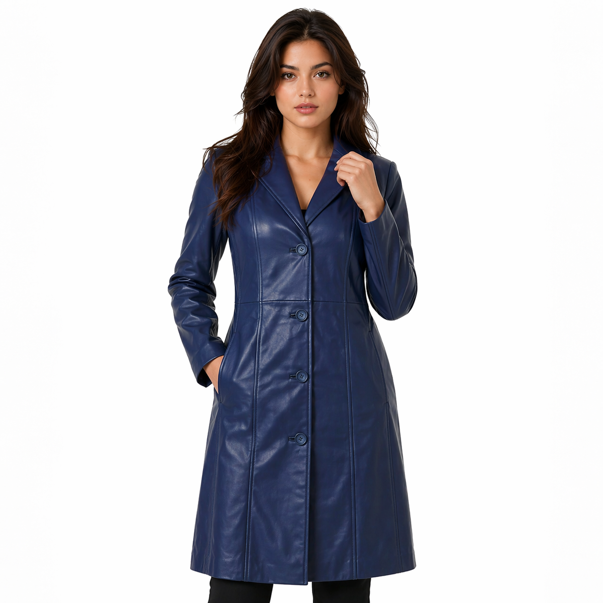 Genuine Leather Navy  Trench Coat
