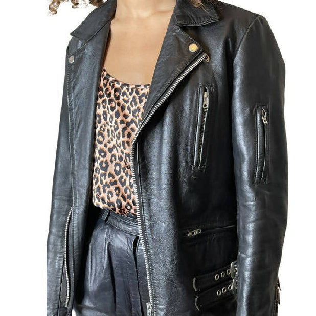 Original 1980's Vintage Black Leather Fringed Biker Jacket UK 10 - 14