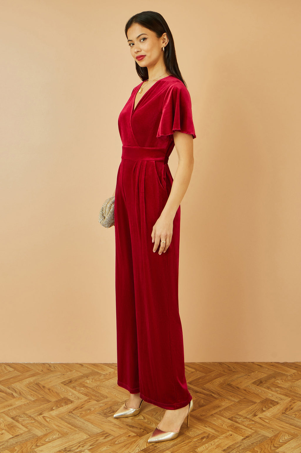 Red Velvet Jumpsuit With Angel Sleeves - Sizes 8 to 18