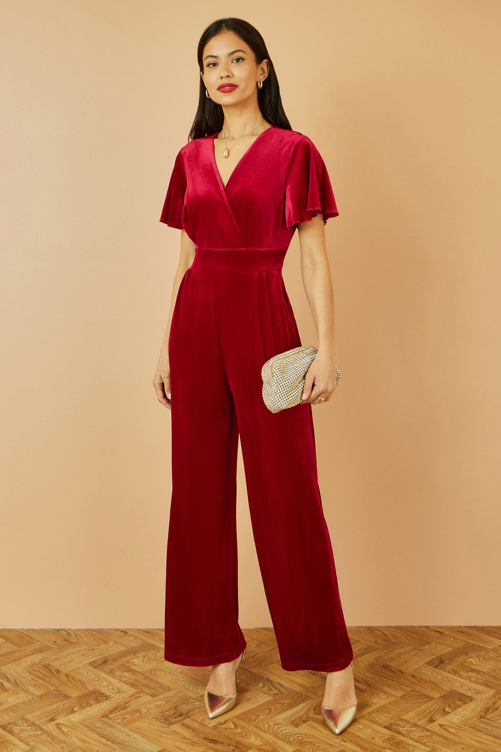 Red Velvet Jumpsuit With Angel Sleeves - Sizes 8 to 18