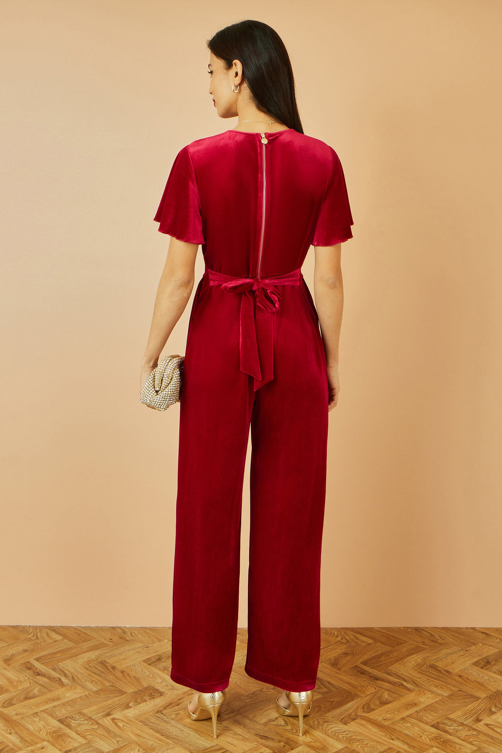 Red Velvet Jumpsuit With Angel Sleeves - Sizes 8 to 18