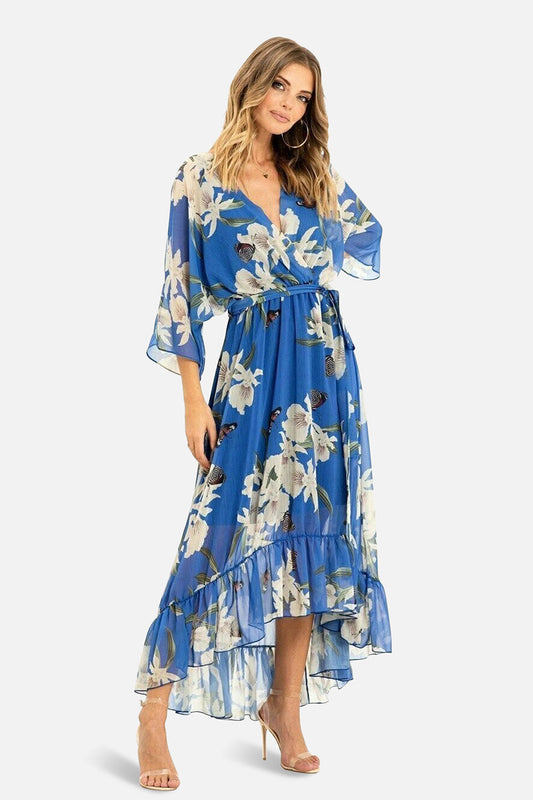 Blue Floral Kimono Sleeves Dip Hem Wrap Midi Dress