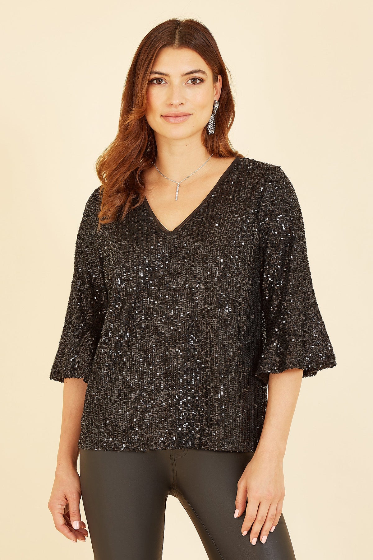 Black Sequin Fluted Top