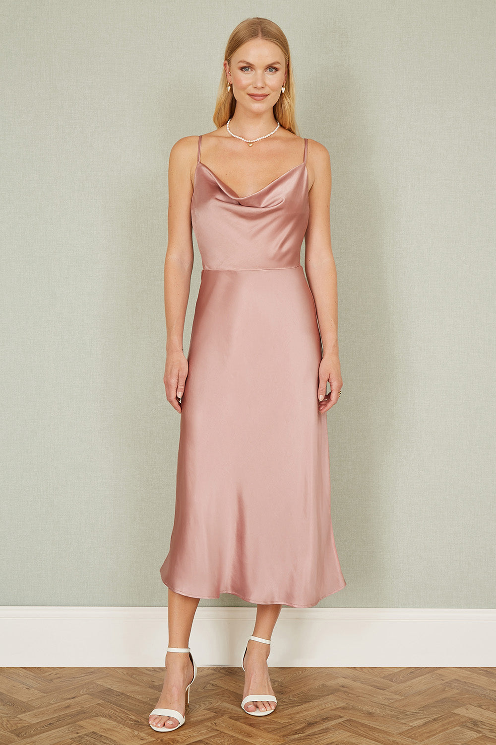 Rose Pink Satin Cowl Neck Midi Slip Dress