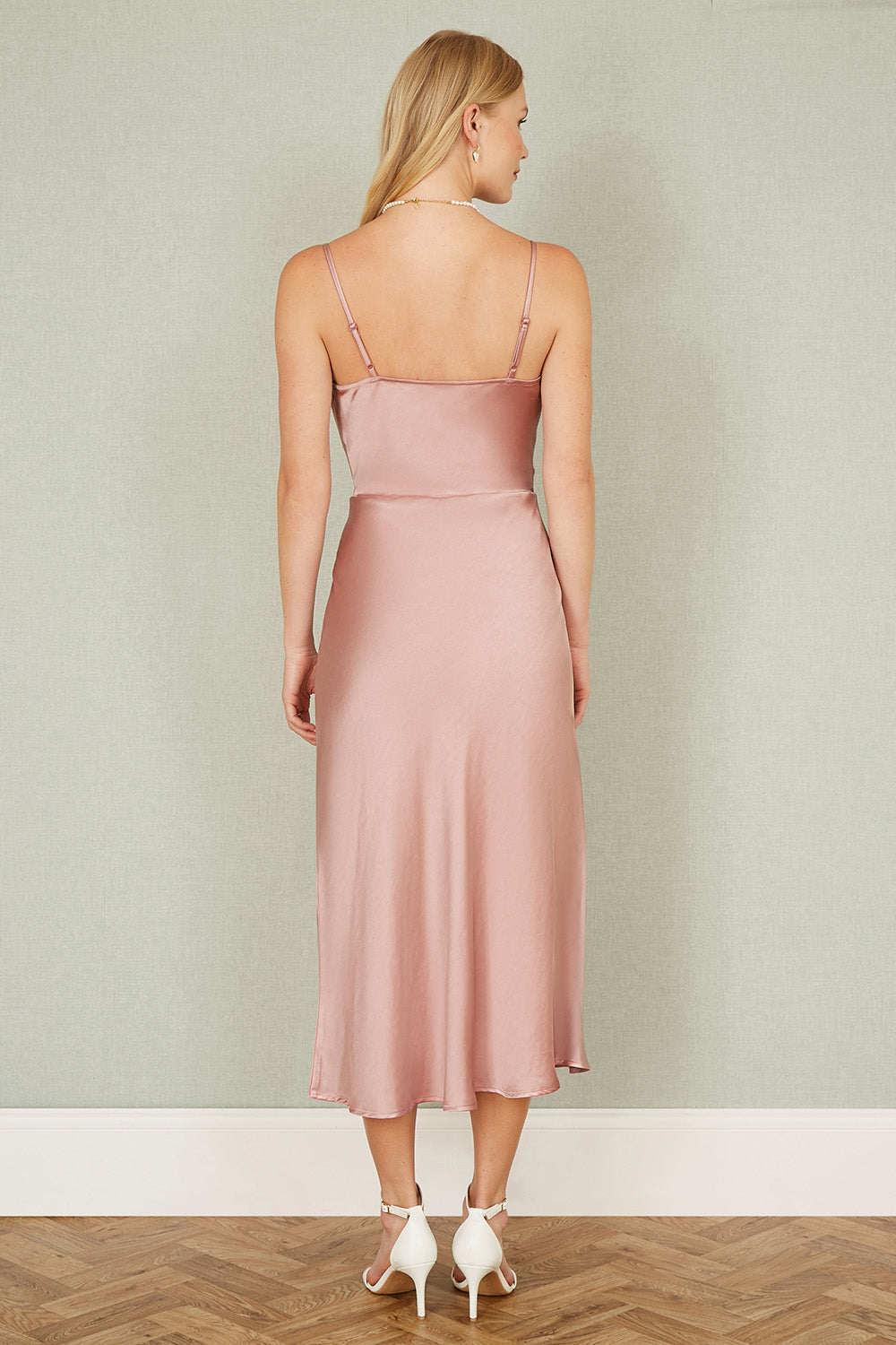 Rose Pink Satin Cowl Neck Midi Slip Dress