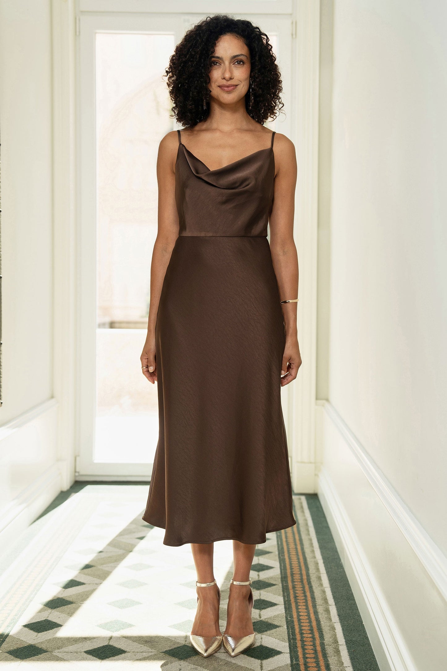 Brown Satin Cowl Neck Midi Slip Dress
