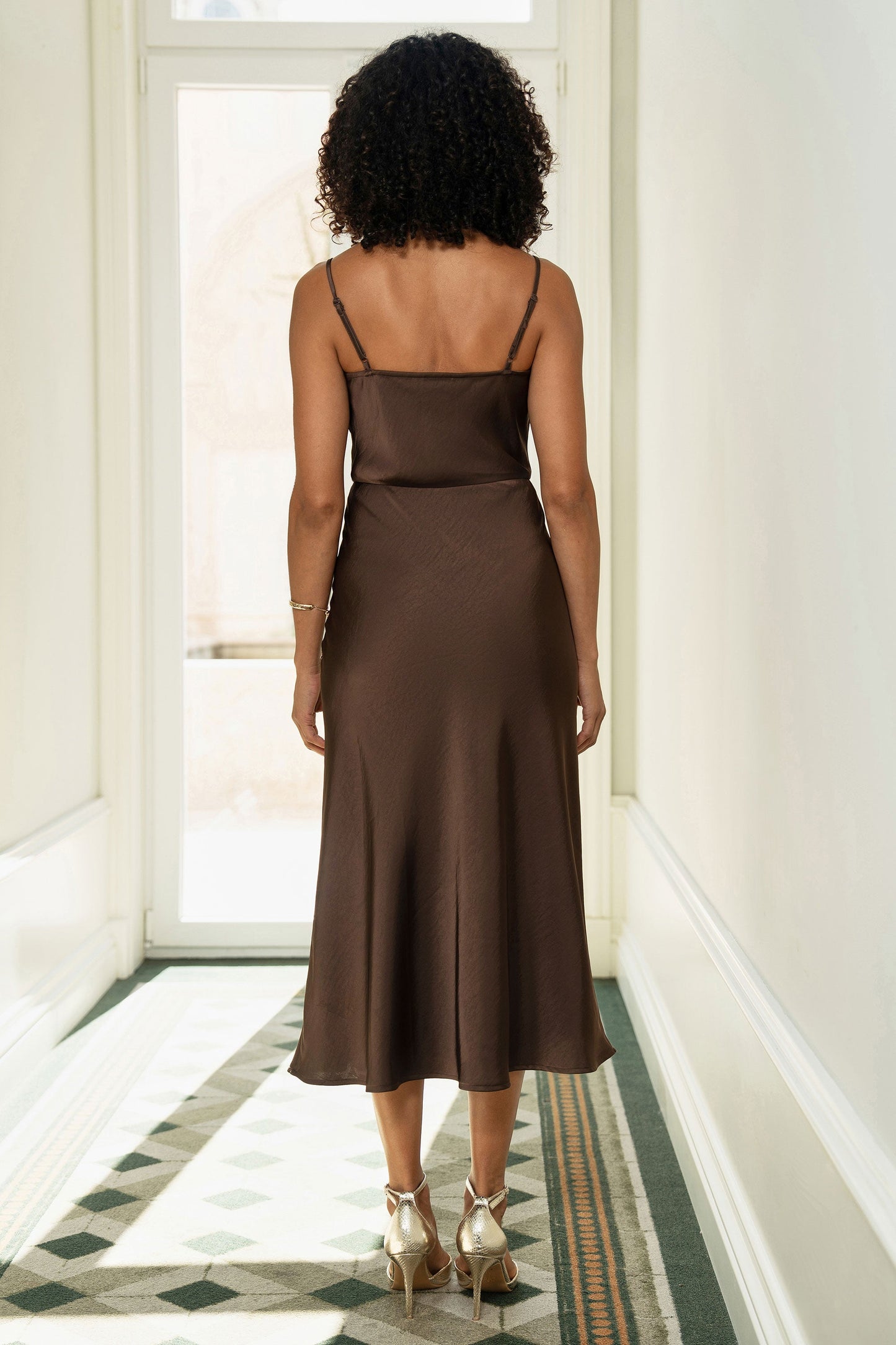 Brown Satin Cowl Neck Midi Slip Dress