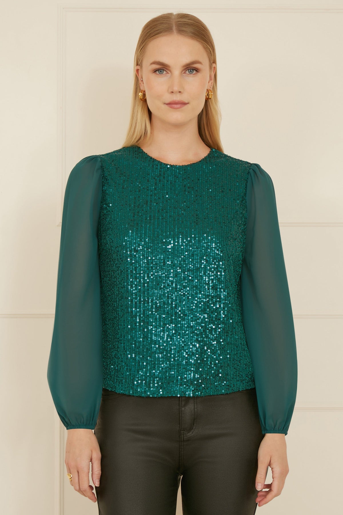 Green Sequin Sheer Sleeve Top