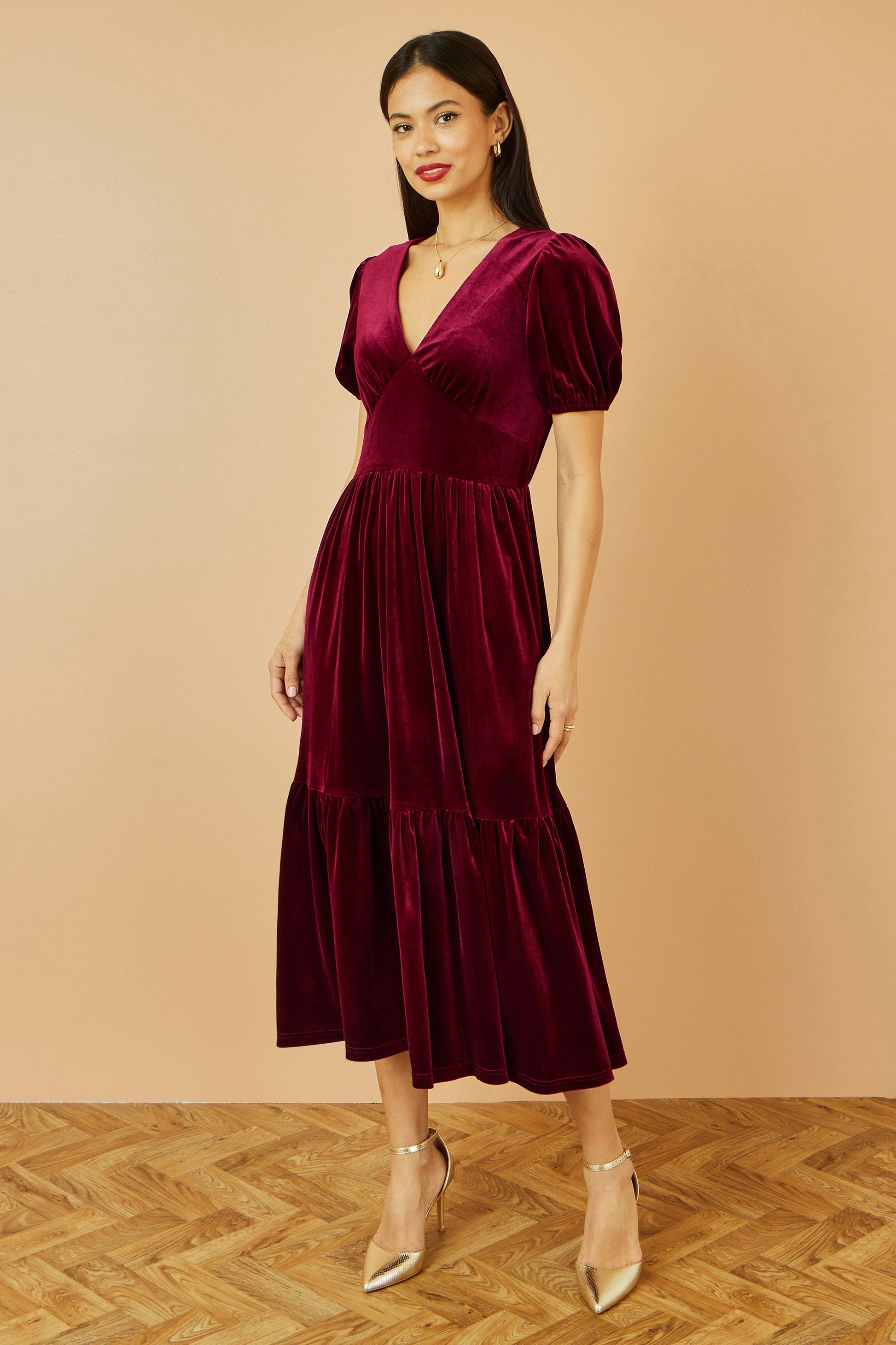 Burgundy Velvet Midi Dress With Pockets - Sizes 8 to 26