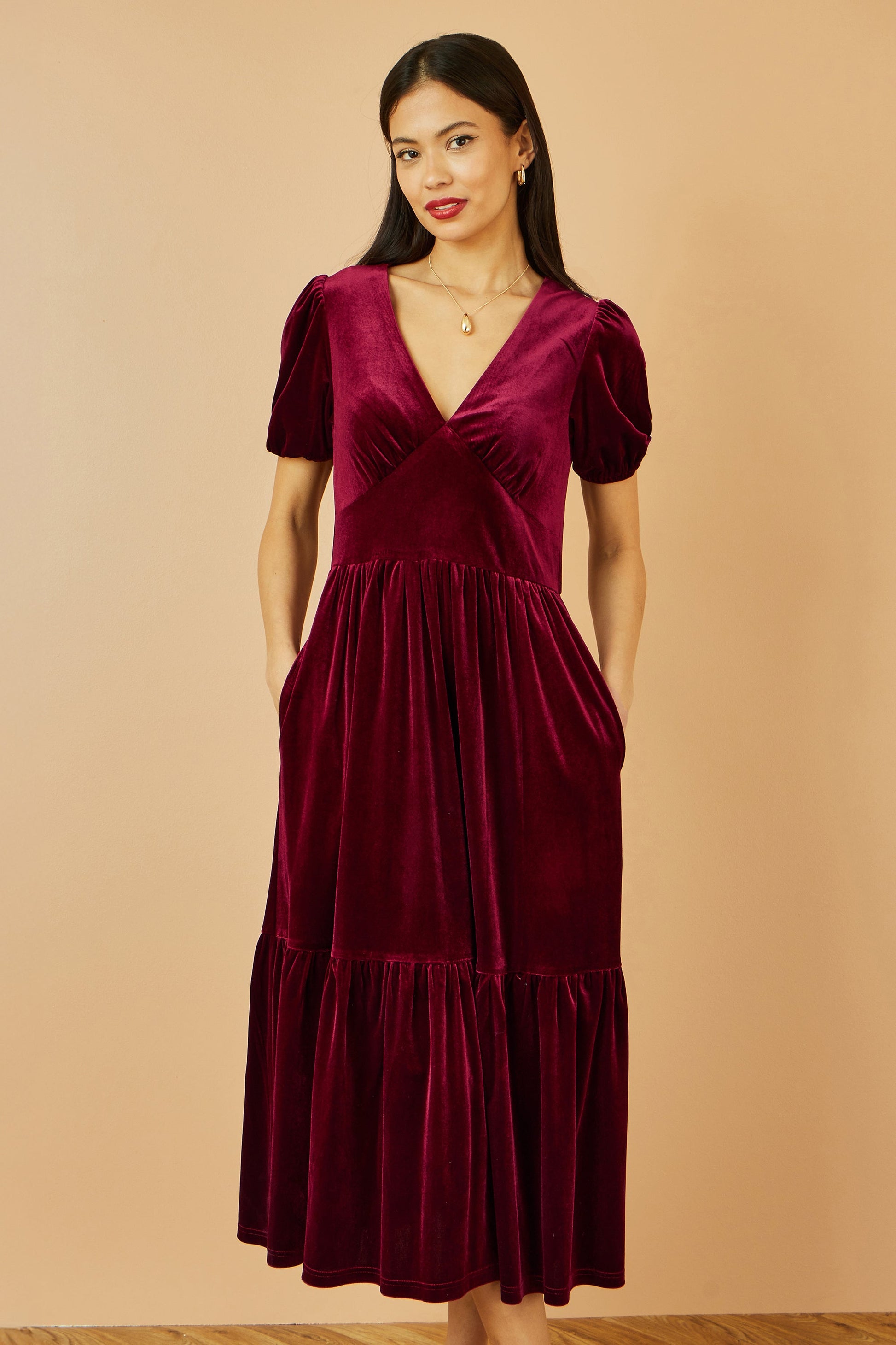 Burgundy Velvet Midi Dress With Pockets - Sizes 8 to 26