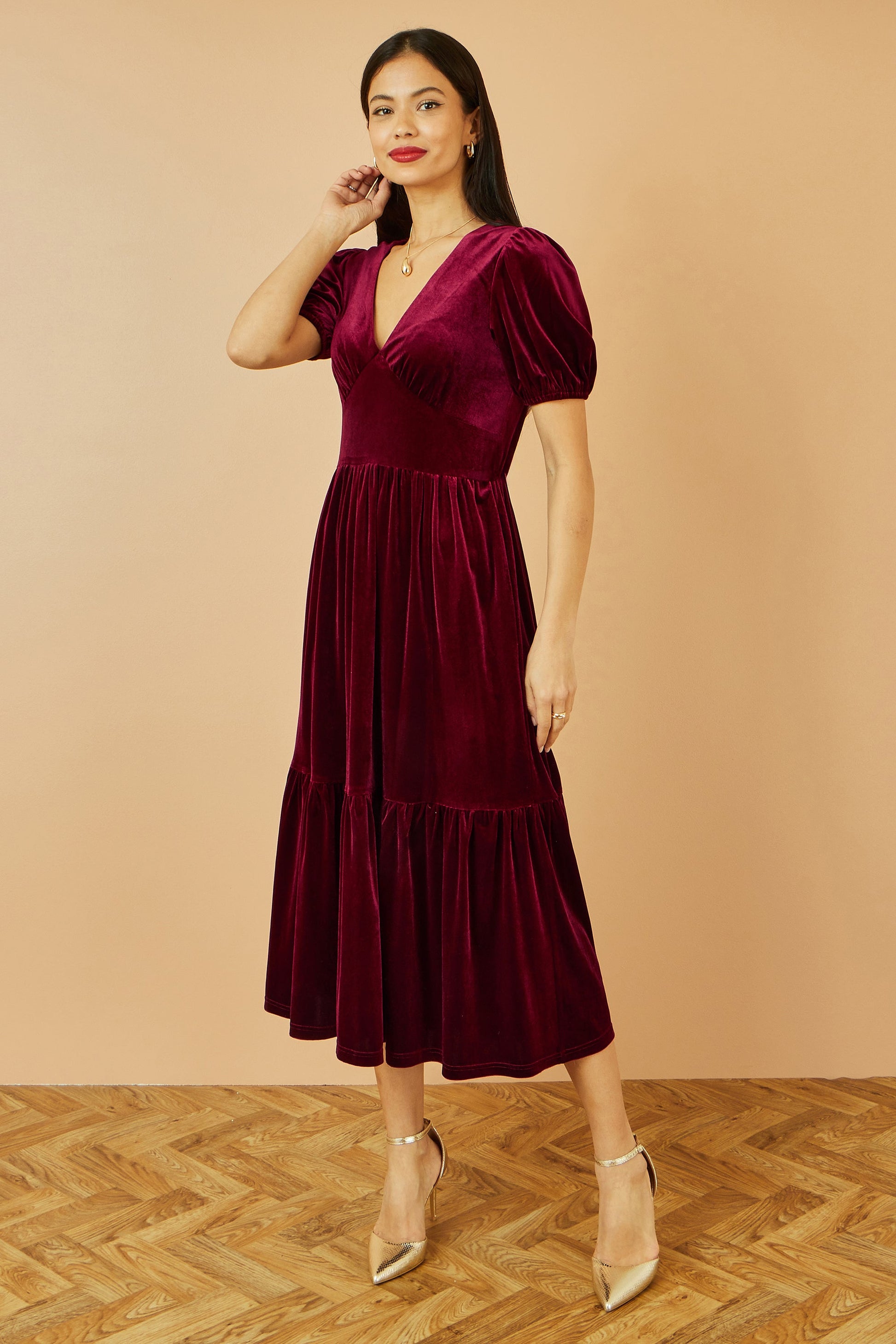 Burgundy Velvet Midi Dress With Pockets - Sizes 8 to 26