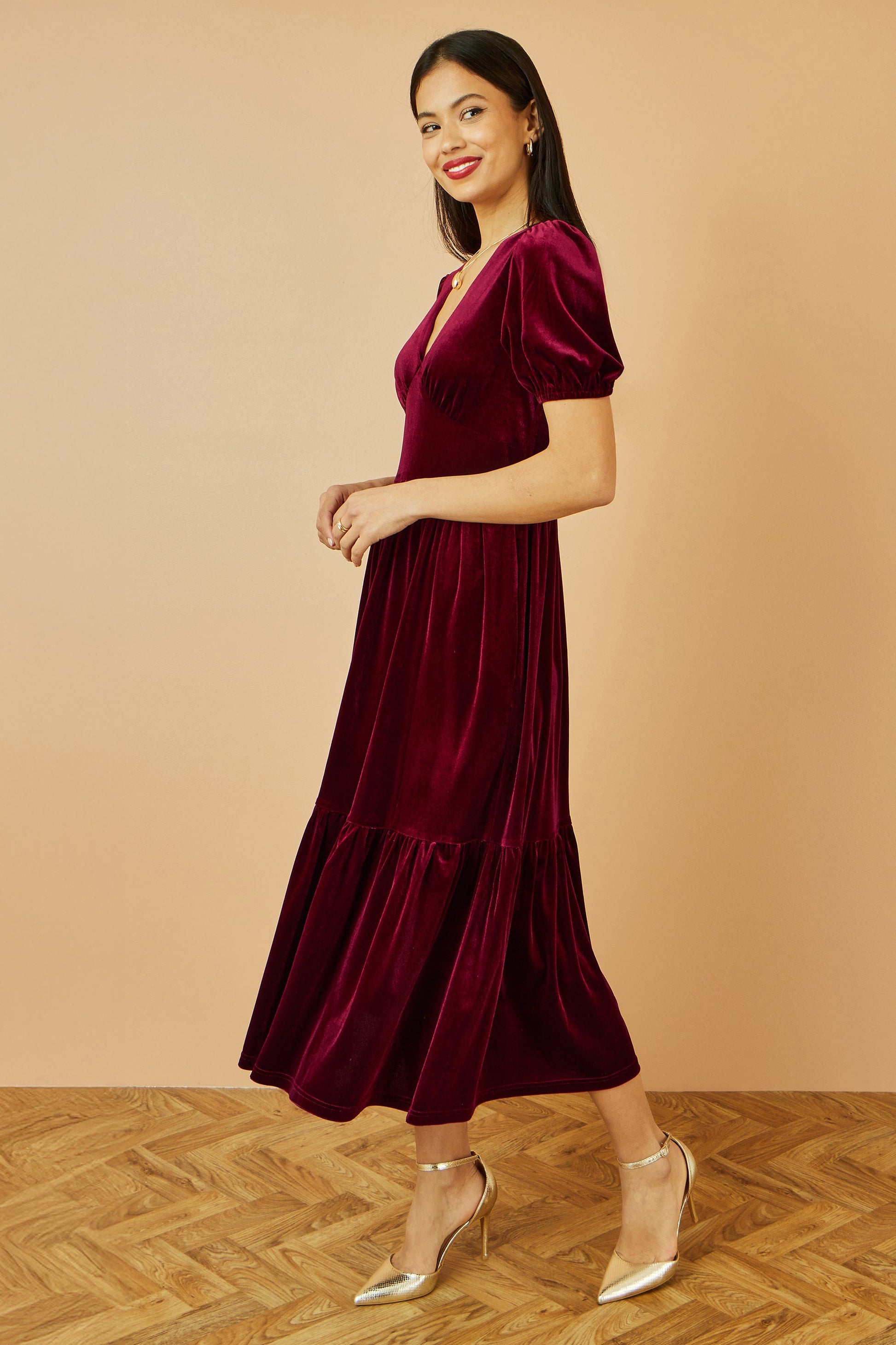 Burgundy Velvet Midi Dress With Pockets - Sizes 8 to 26