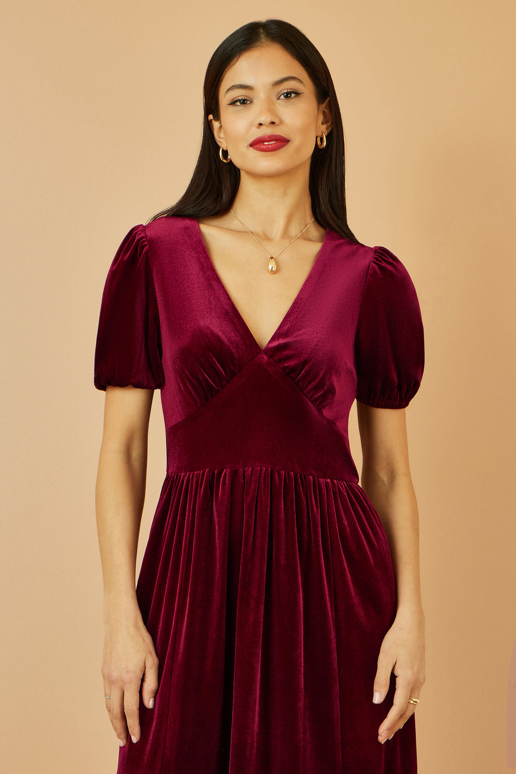 Burgundy Velvet Midi Dress With Pockets - Sizes 8 to 26