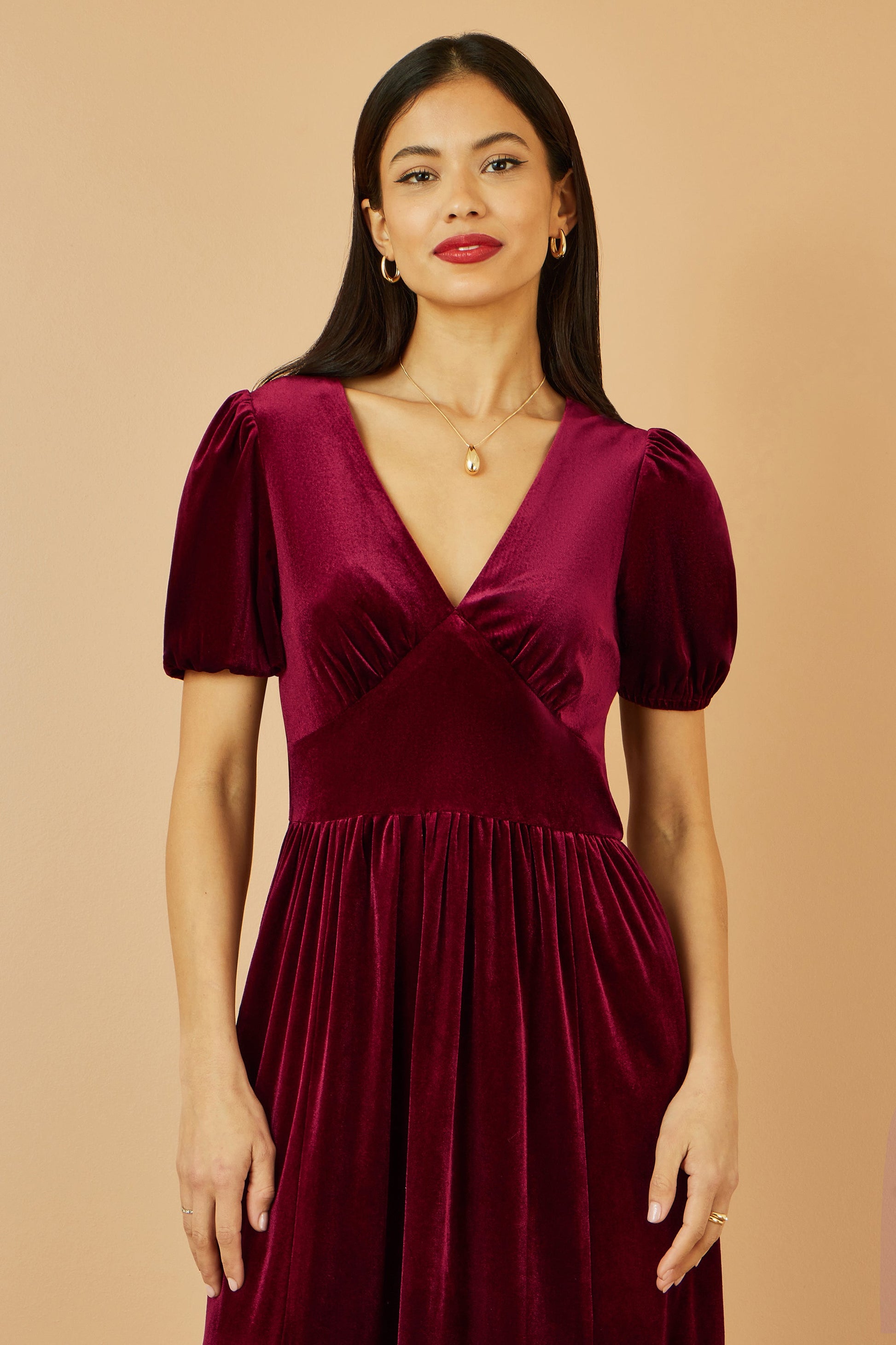 Burgundy Velvet Midi Dress With Pockets - Sizes 8 to 26