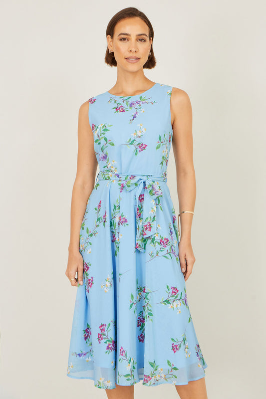 Blue Floral Print Midi Skater Dress