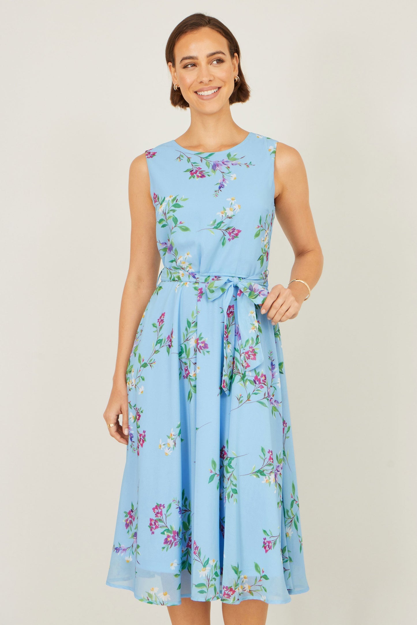 Blue Floral Print Midi Skater Dress