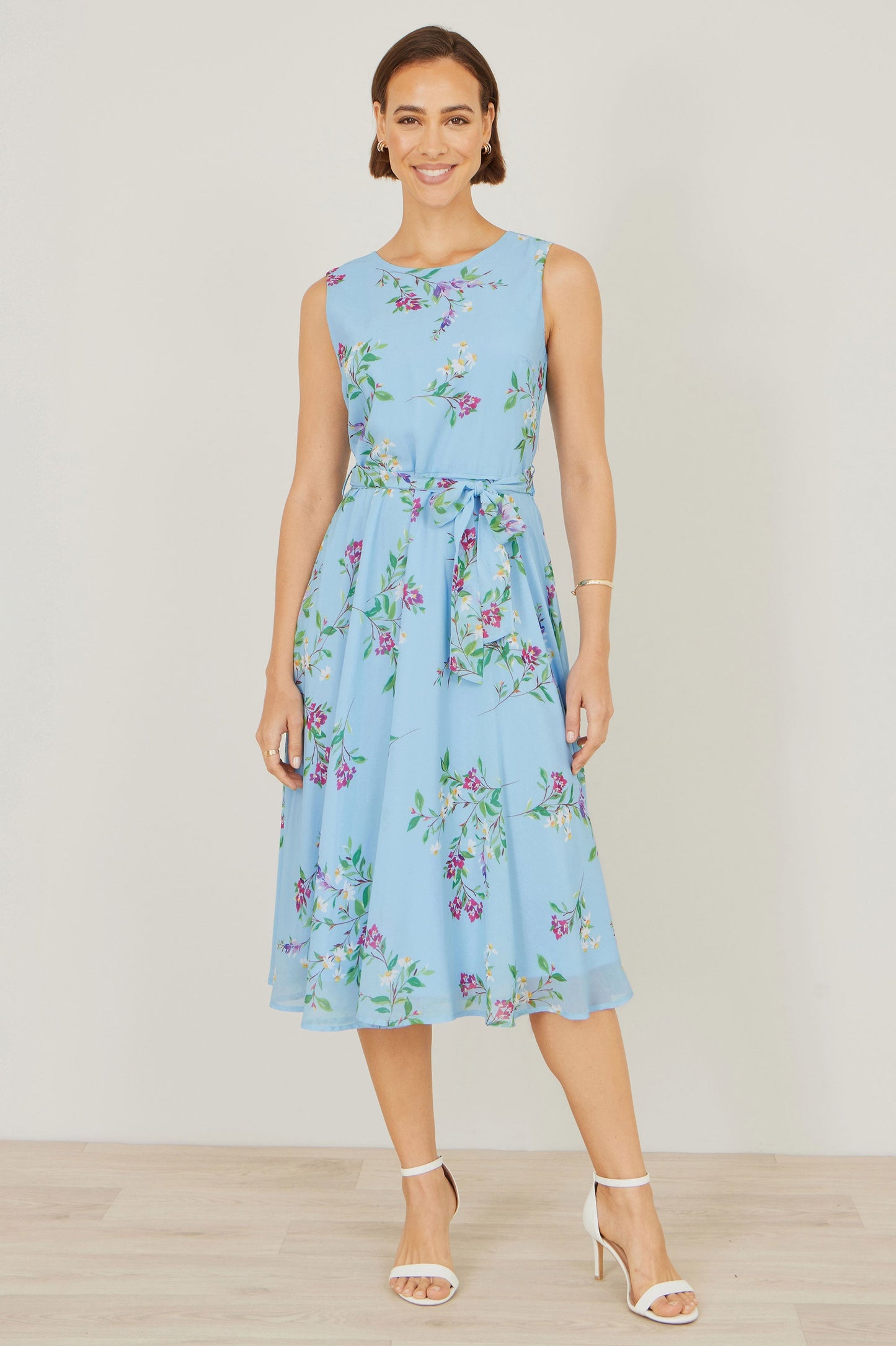 Blue Floral Print Midi Skater Dress