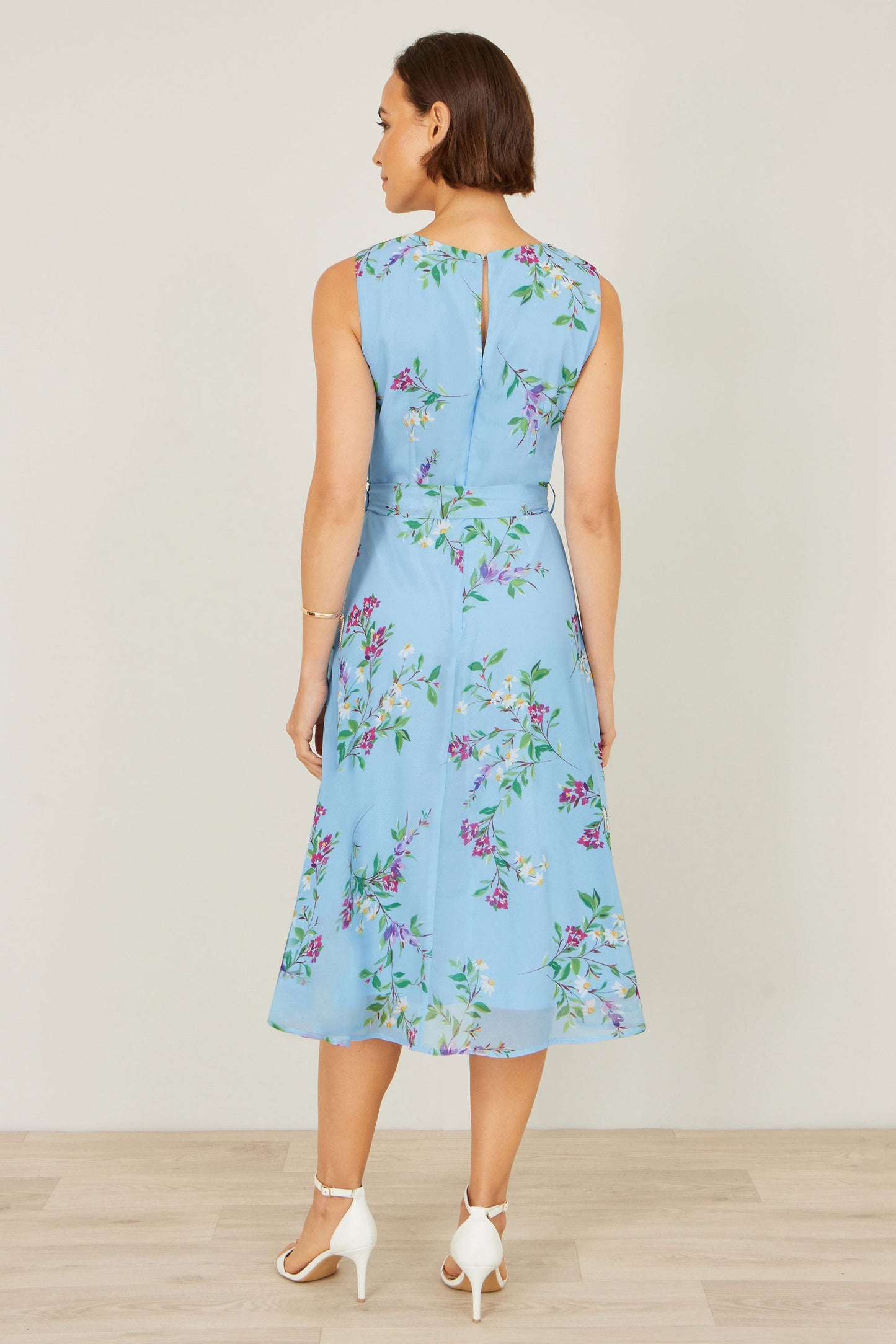 Blue Floral Print Midi Skater Dress
