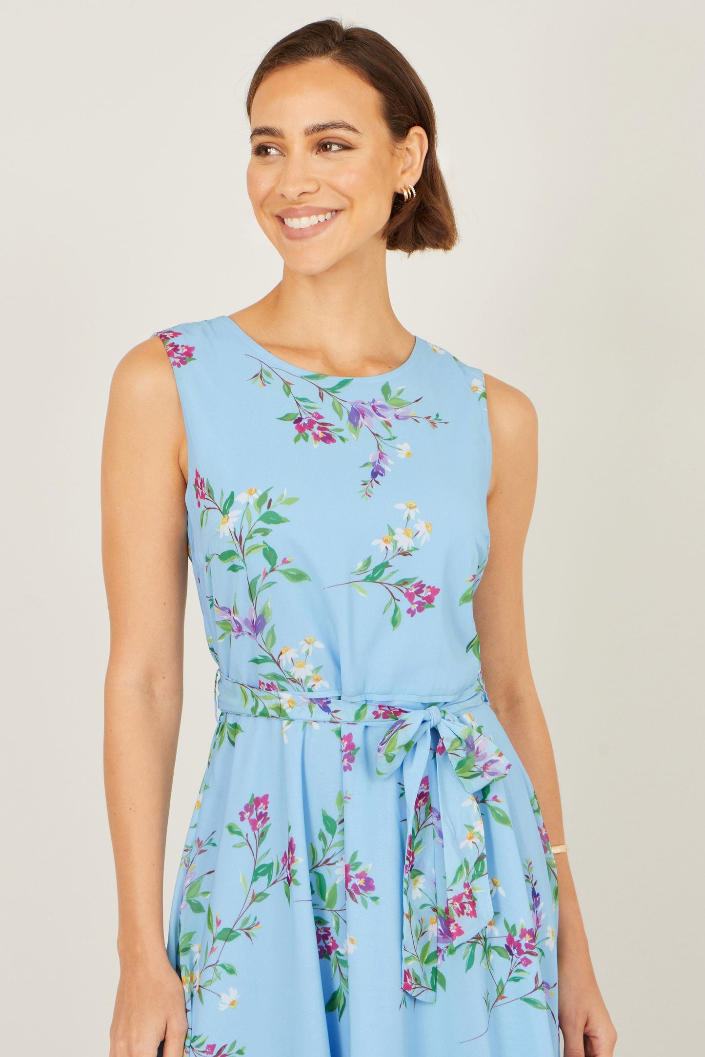 Blue Floral Print Midi Skater Dress