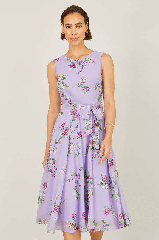 Lilac Floral Print Midi Skater Dress