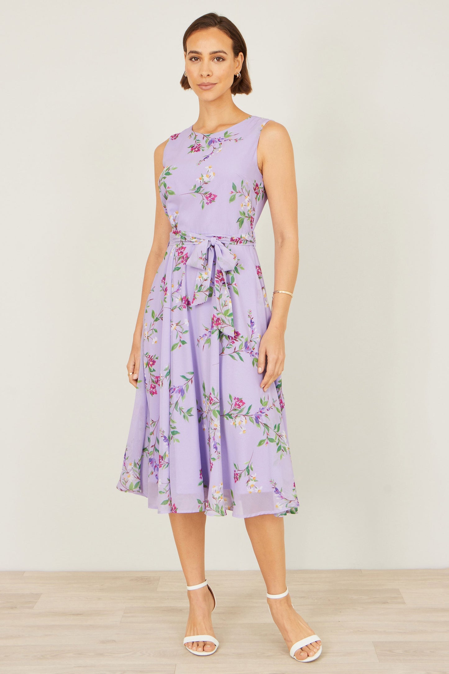 Lilac Floral Print Midi Skater Dress