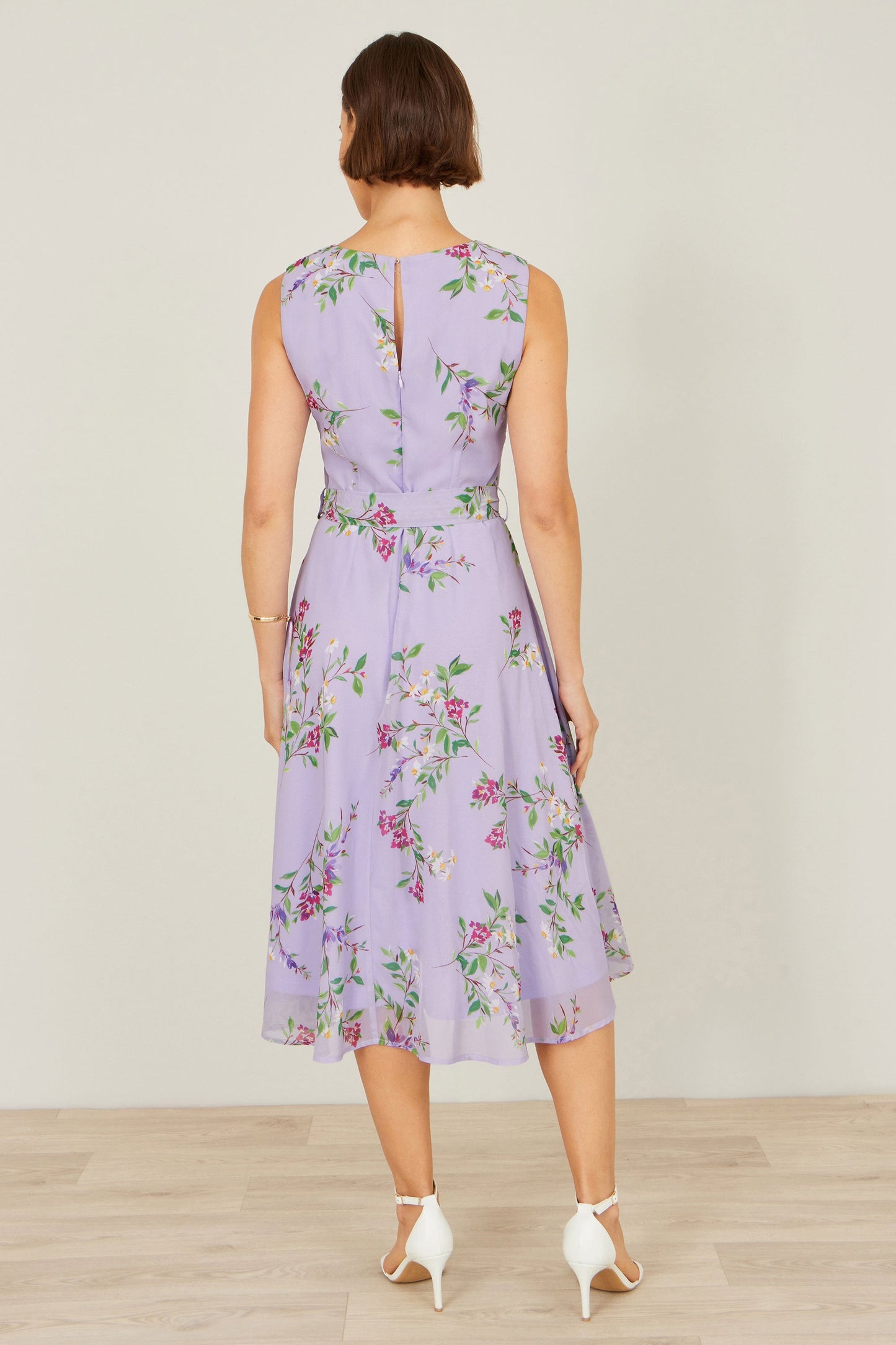 Lilac Floral Print Midi Skater Dress