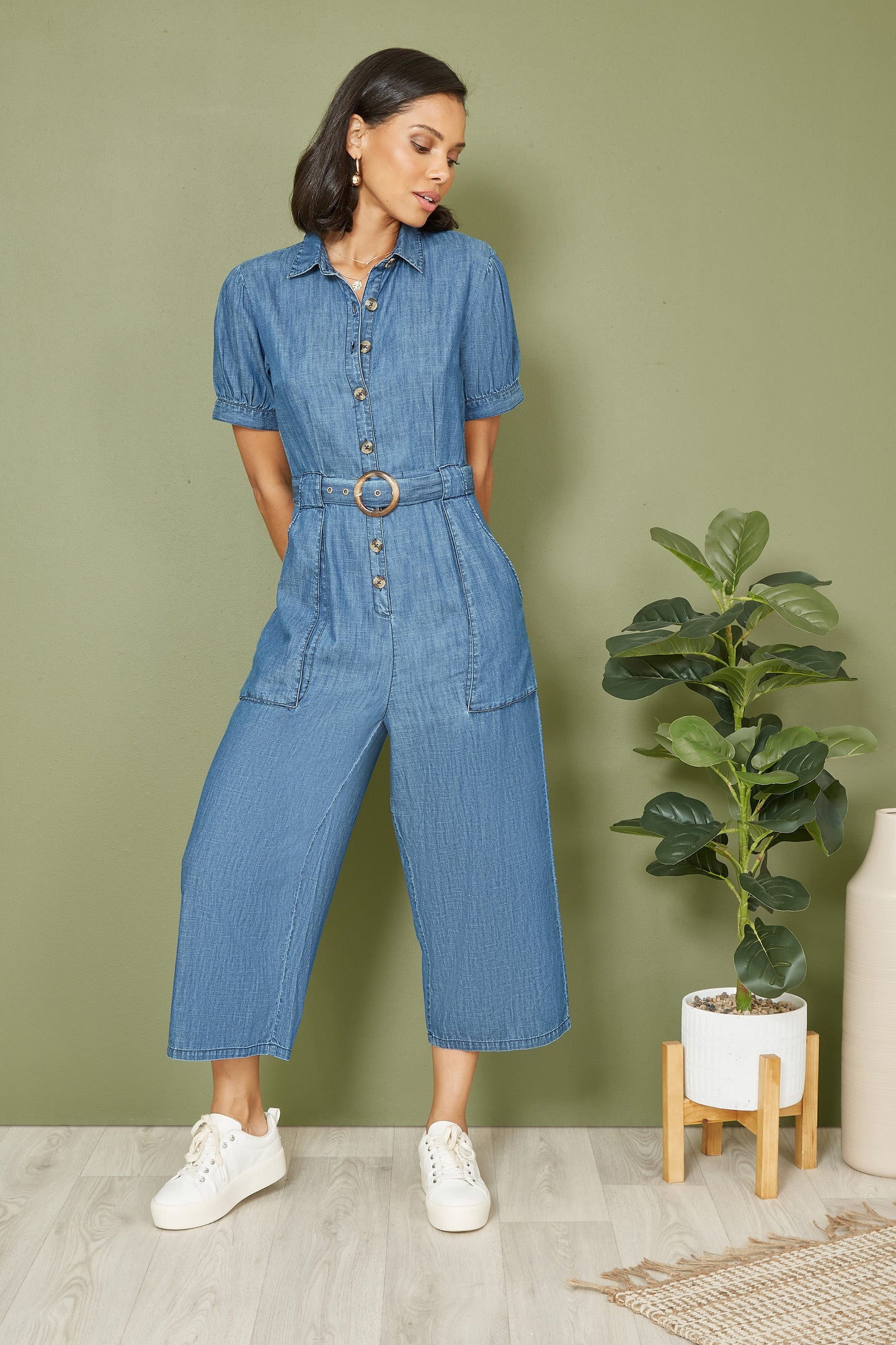 Blue Cotton Chambray Button Up Jumpsuit