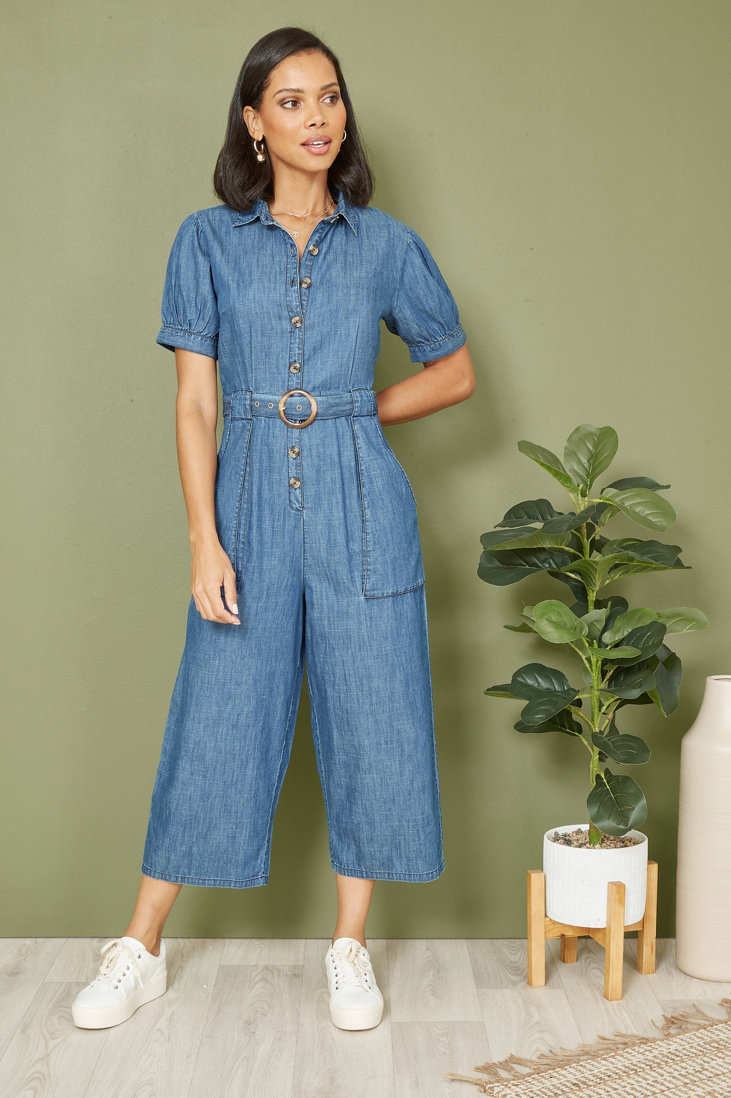 Blue Cotton Chambray Button Up Jumpsuit