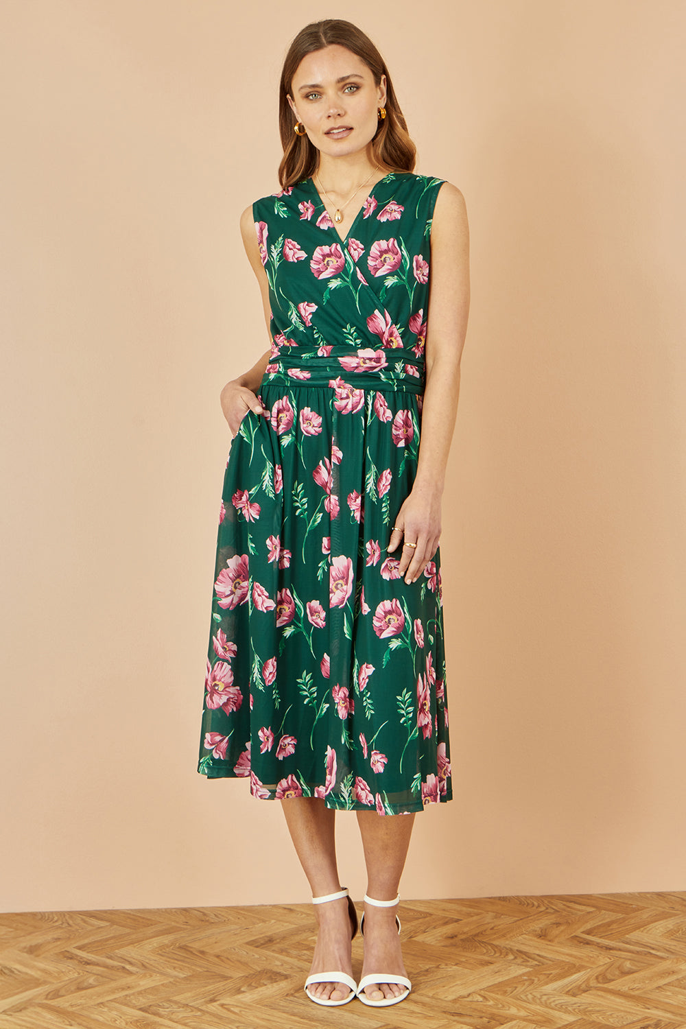Green Floral Print Mesh Stretch Midi Dress With Pockets