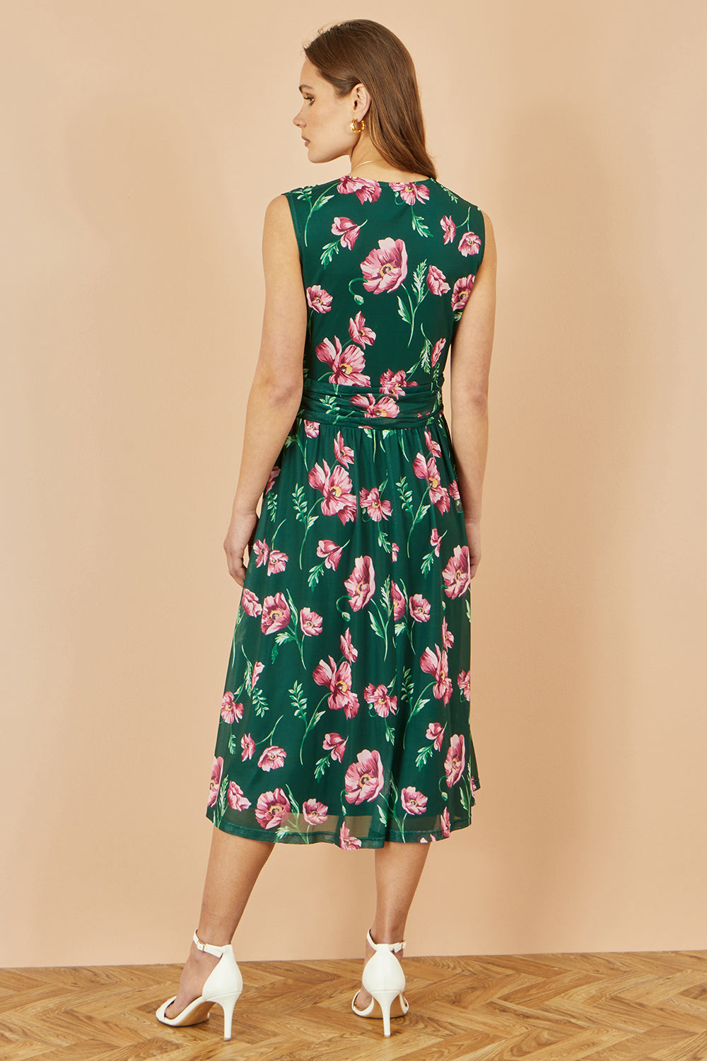 Green Floral Print Mesh Stretch Midi Dress With Pockets