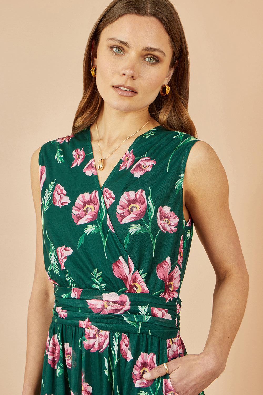Green Floral Print Mesh Stretch Midi Dress With Pockets