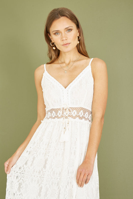 White Lace Midi Sundress With Tassel Tie and Ruched Back