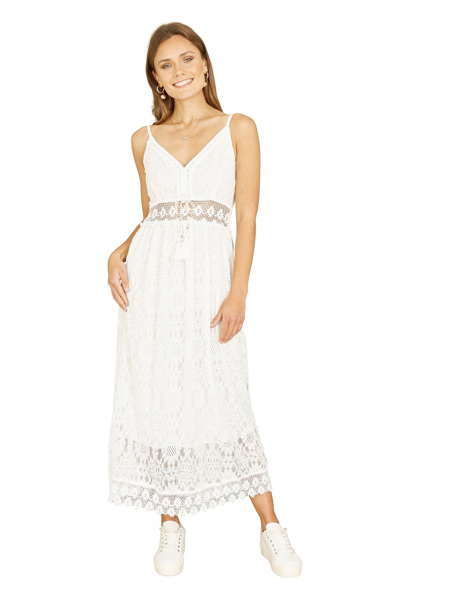 White Lace Midi Sundress With Tassel Tie and Ruched Back