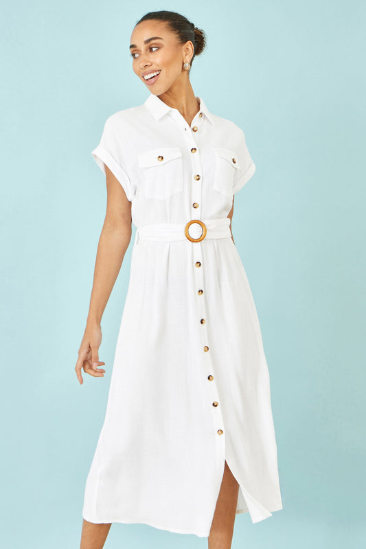 White Viscose Linen Look Midi Shirt Dress With Wooden Belt