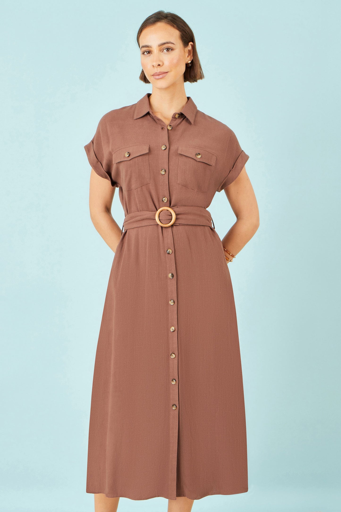 Brown Linen Look Midi Shirt Dress With Wooden Belt