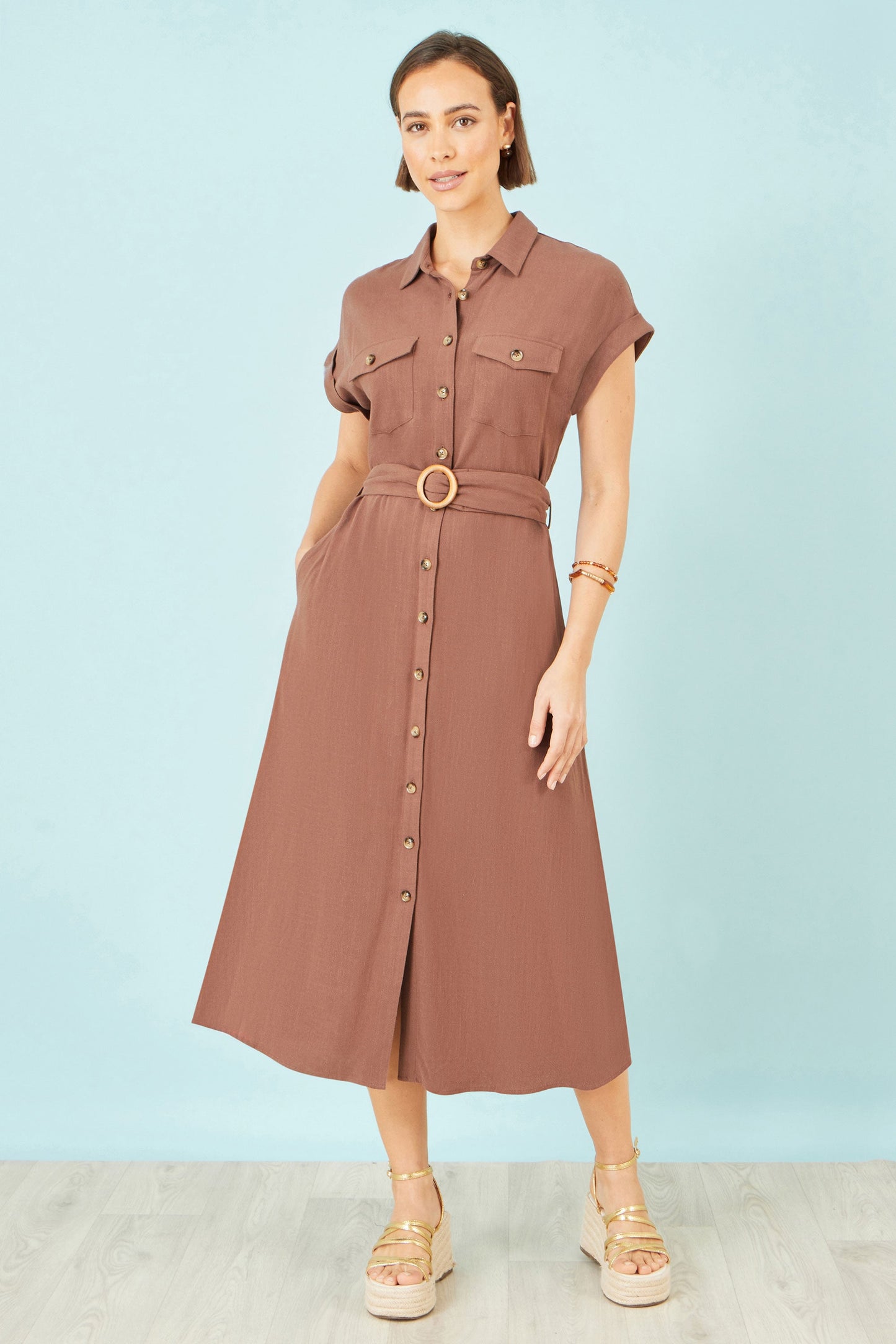 Brown Linen Look Midi Shirt Dress With Wooden Belt