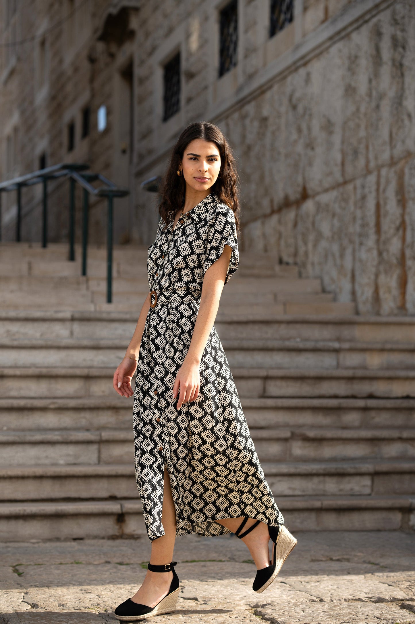 Black Viscose Midi Shirt Dress With Matching Belt