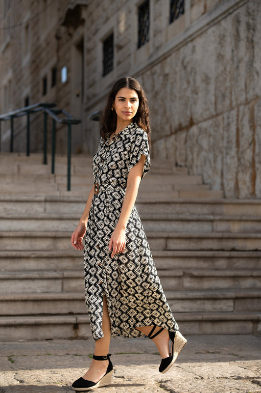 Black Viscose Midi Shirt Dress With Matching Belt