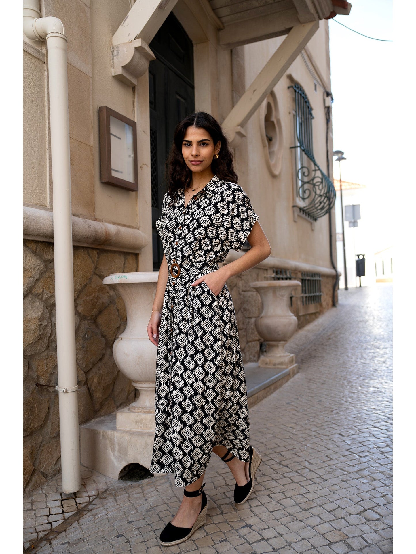Black Viscose Midi Shirt Dress With Matching Belt