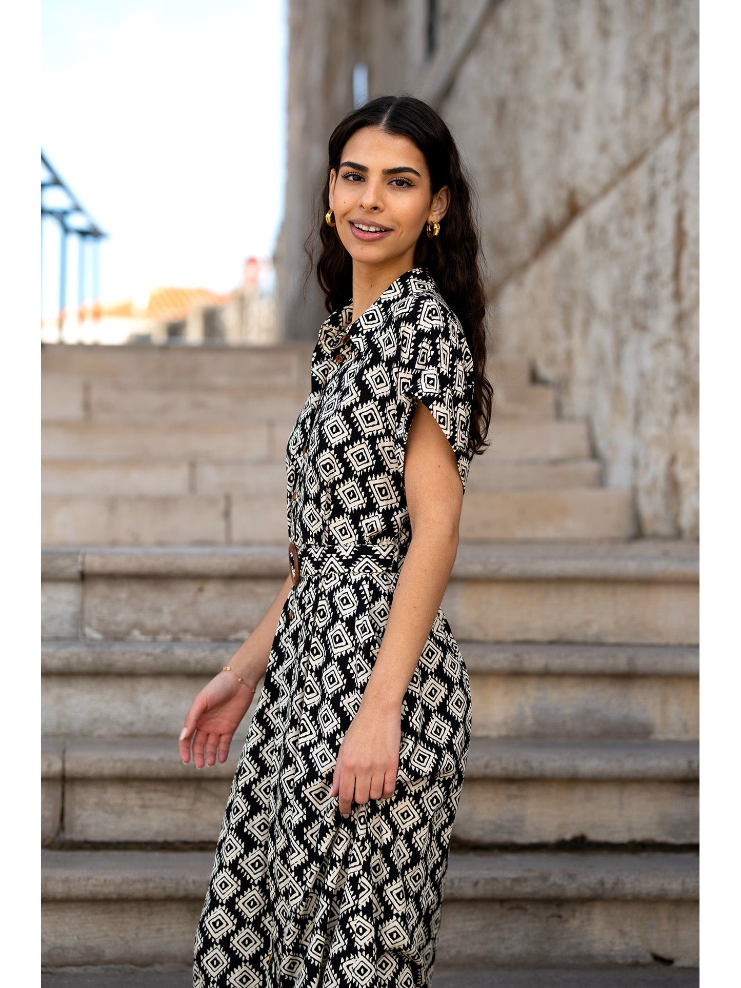 Black Viscose Midi Shirt Dress With Matching Belt