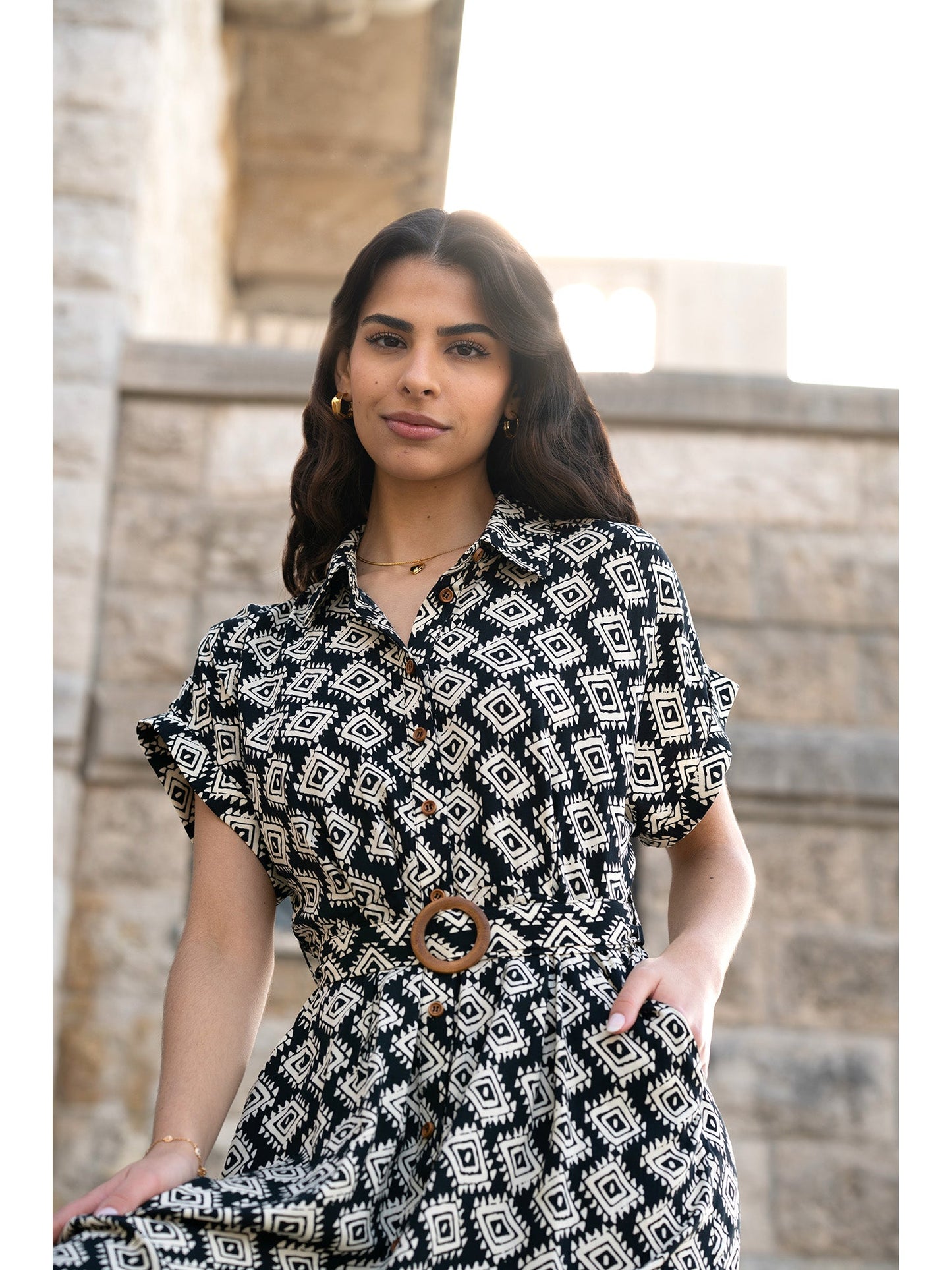 Black Viscose Midi Shirt Dress With Matching Belt