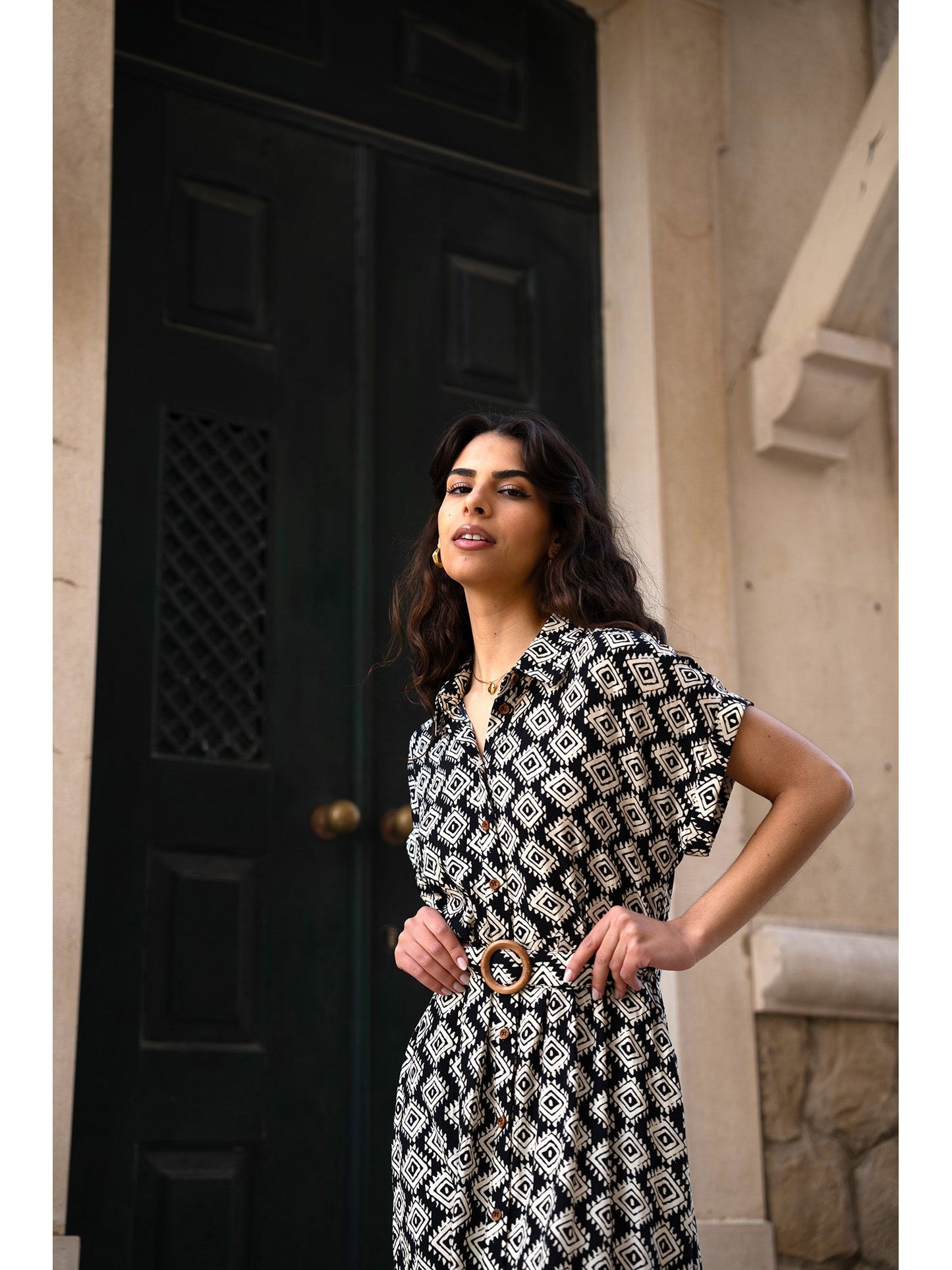 Black Viscose Midi Shirt Dress With Matching Belt