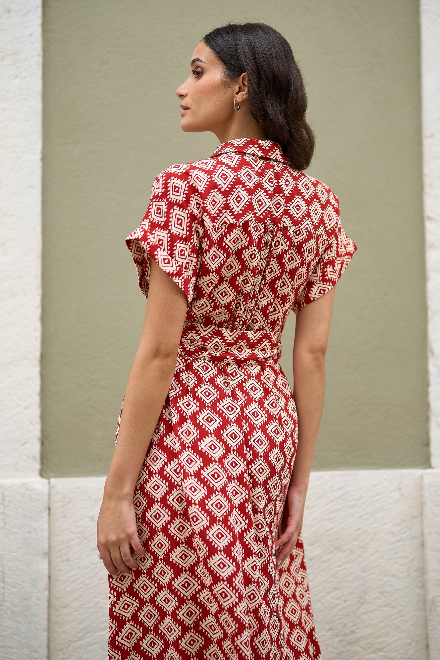 Red Viscose Midi Shirt Dress with Matching Belt