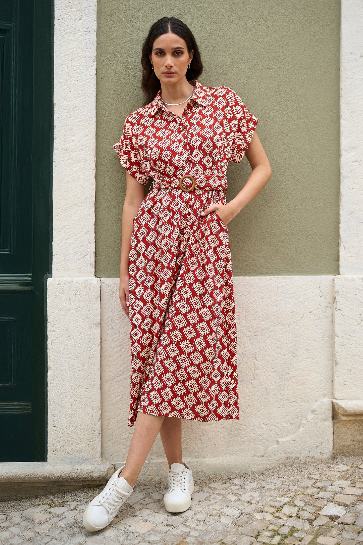 Red Viscose Midi Shirt Dress with Matching Belt